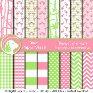 Pink and Lime Green Flamingo Digital Scrapbooking Papers, Summer Tropical Party Backgrounds, Miam Flamingo Digital Papers