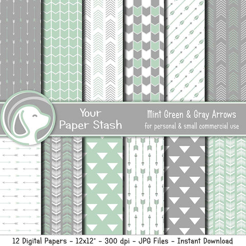 Mint Green and Gray Arrow Digital Papers for Baby Shower and Birthday Scrapbook Pages, Tribal Digital Papers for Digital Scrapbooking