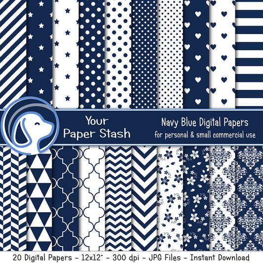 Navy Blue Digital Paper Pack w/  Stars Stripes Polka Dot and Chevron Patterns, Damask Backgrounds, Commercial Use Paper