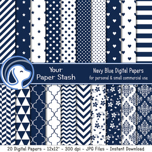 Navy Blue Digital Paper Pack w/  Stars Stripes Polka Dot and Chevron Patterns, Damask Backgrounds, Commercial Use Paper