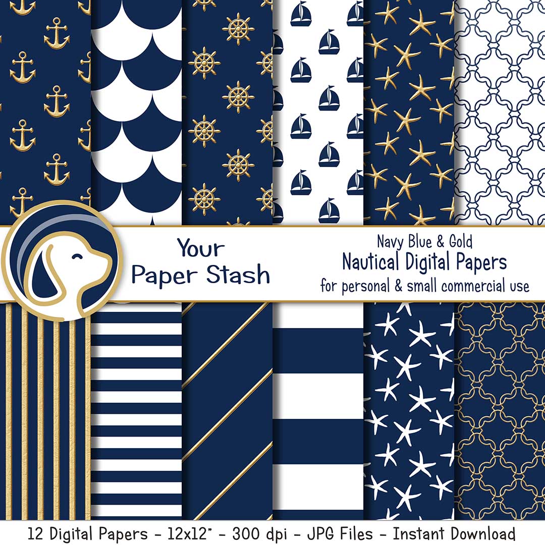 navy blue gold nautical digital scrapbook scrapbooking papers backgrounds anchors starfish helm stripes fish scale quatrefoil naval retirement baby shower backgrounds instant download 