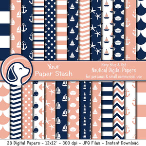 nautical digital scrapbook scrapbooking papers backgrounds navy blue peach sailboat anchor starfish babh shower girl birthday backgrounds instant downlaod commercial use your paper stash yourpaperstash