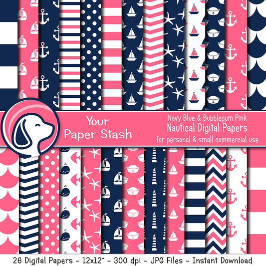 nautical digital scrapbook papers backgrounds sailboats starfish pink blue baby shower bubblegum pink it's a girl anchors aweigh a little girl is on the way