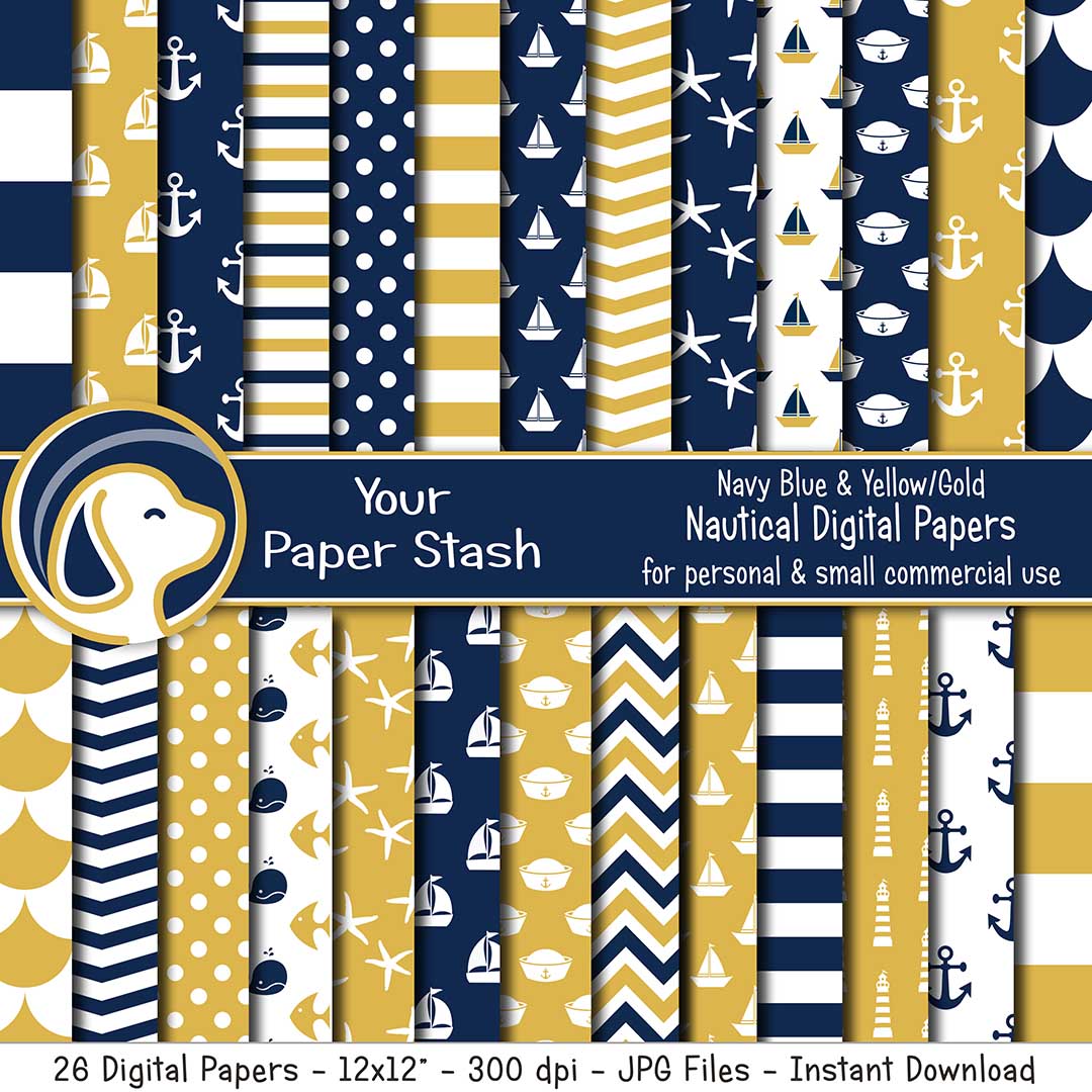 Navy Blue & Gold Nautical Digital Paper Pack for Scrapbook Pages, Nautical Themed Digital Backgrounds and Patterns