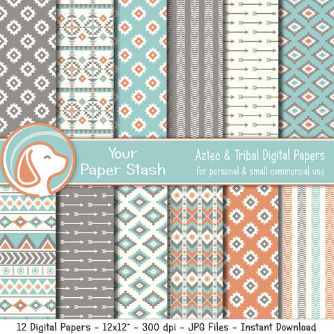 Neutral Aztec Digital Scrapbook Papers & Backgrounds, Tribal Patterns and Southwest Digital Backgrounds