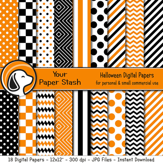 Orange and Black Digital Scrapbook Papers w/ Geometric Patterns