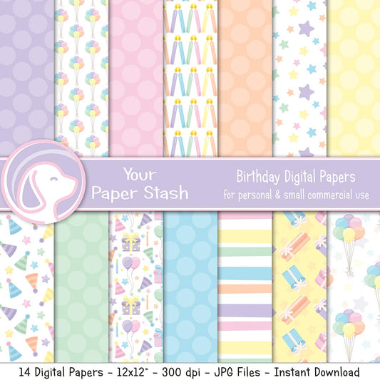 Birthday Digital Scrapbook Papers & Backgrounds, Pastel 1st Birthday Digital Backgrounds