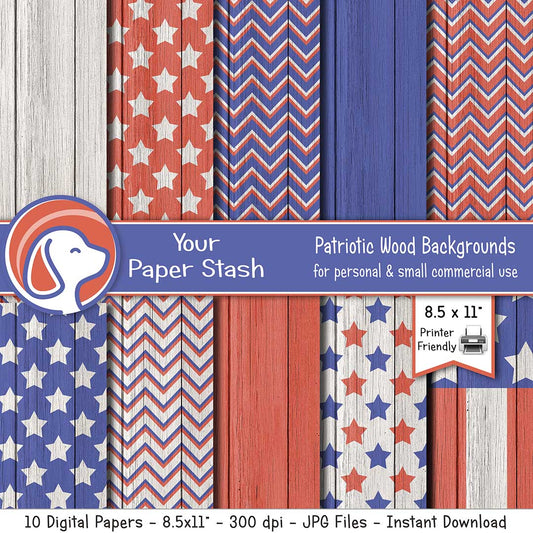8.5x11" Patriotic Digital Papers with Wood Textured Backgrounds
