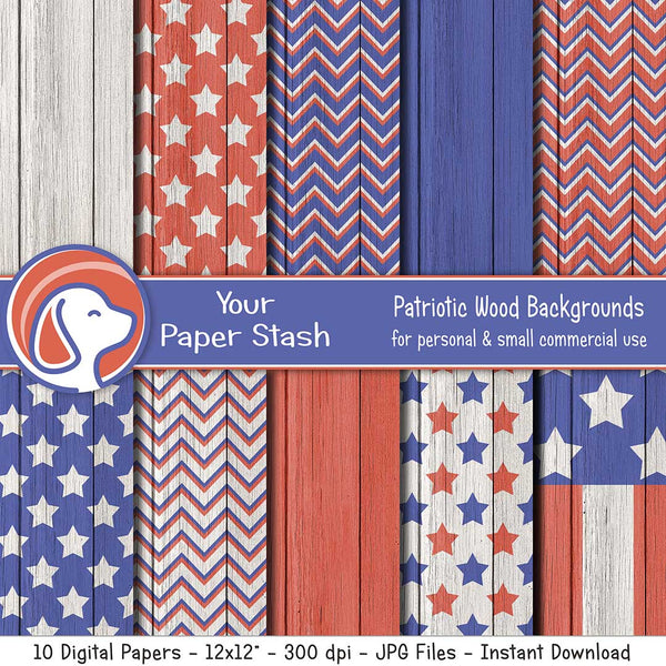 Patriotic Digital Paper Pack With Wood Textured Backgrounds, Red White Blue Stars and Stripes Digital Papers