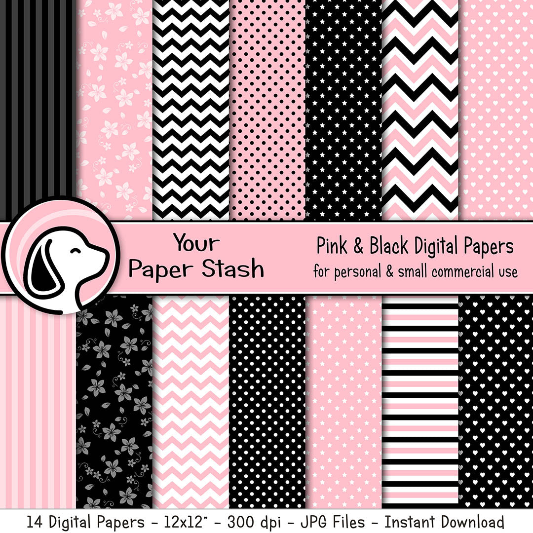 Pink and Black Polka Dot Chevron Stripe and Floral Digital Paper Pack, Valentine's Day Scrapbook Papers