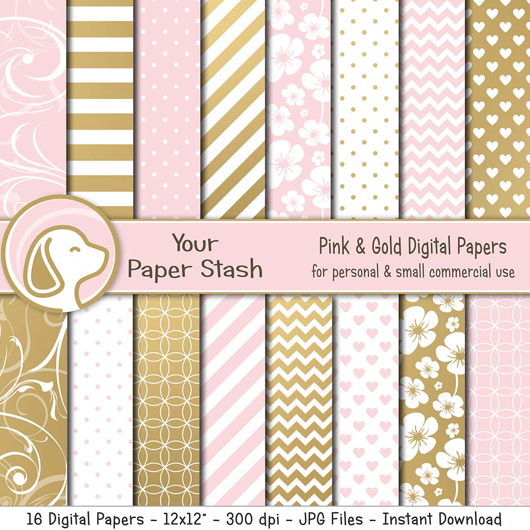 Pink Blush and Gold Digital Papers and Backgrounds