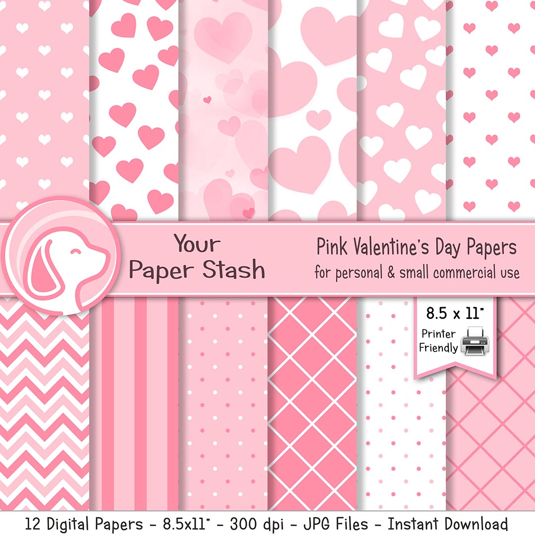 pink heart valentines day digital scrapbook paper pack download