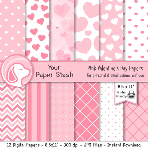 pink heart valentines day digital scrapbook paper pack download