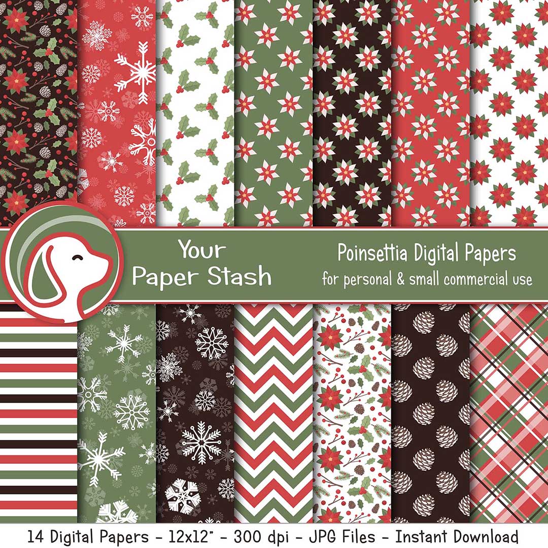 Christmas Poinsettia Digital Scrapbook Papers & Backgrounds