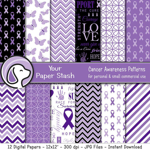 Purple Cancer Awareness Digital Papers & Backgrounds, Purple Ribbon Scrapbook Paper, Cancer Awareness Campaign Backgrounds