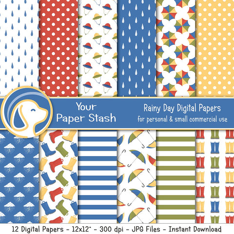 Rainy Day Digital Scrapbook Papers with Raindrops Rain Boots & Umbrella Patterns, April Showers Rainbow Digital Paper Pack