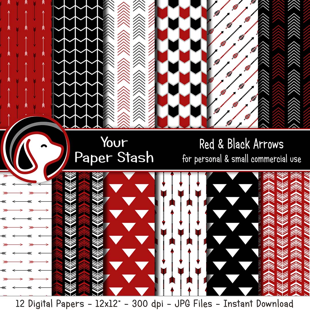Red and Black Arrow Digital Papers, Gothic Digital Scrapbooking Papers