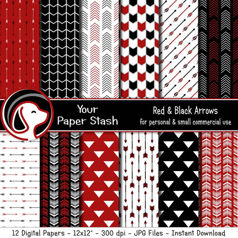 Red and Black Arrow Digital Papers, Gothic Digital Scrapbooking Papers