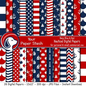 nautical digital scrapbook scrapbooking paper pack sailboat andhor lighthouse sailor hat fish scale whale fish chevron red white blue backgrounds instant download