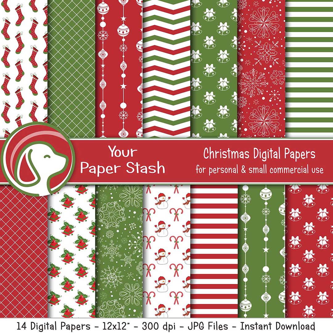 Red & Green Christmas & Holiday Digital Scrapbook Paper Pack