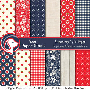 Strawberry Digital Papers and Backgrounds for Summer Scrapbook Pages, Strawberry Scrapbooking Papers with Gingham Polka Dot & Wood Textured Patterns