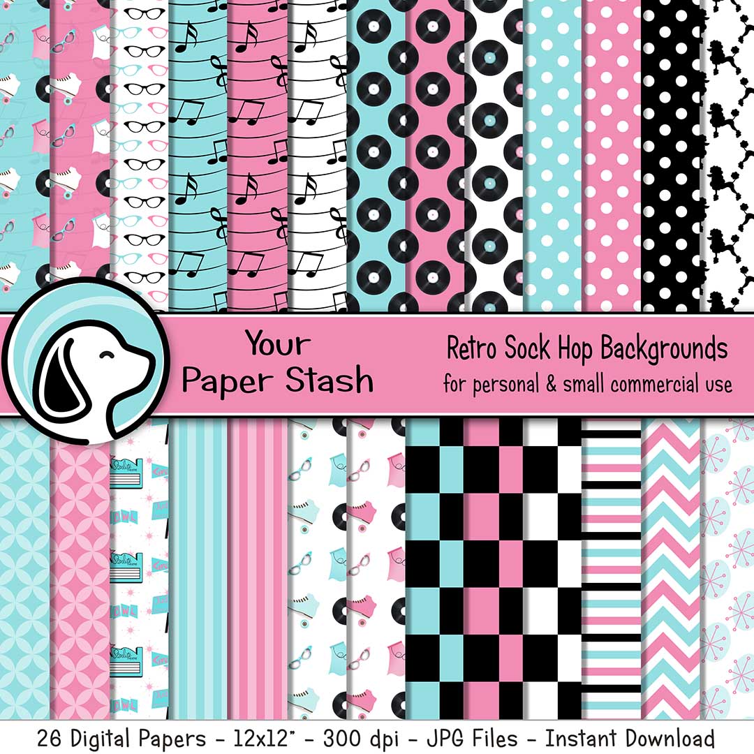 retro pink blue sock hop checkboard pattern backgrounds french poodle polka dot music notes horned rimmed glasses digital paper backgrounds