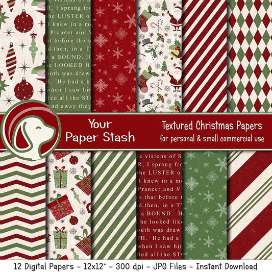 Textured Christmas Digital Scrapbook Papers In Green & Red