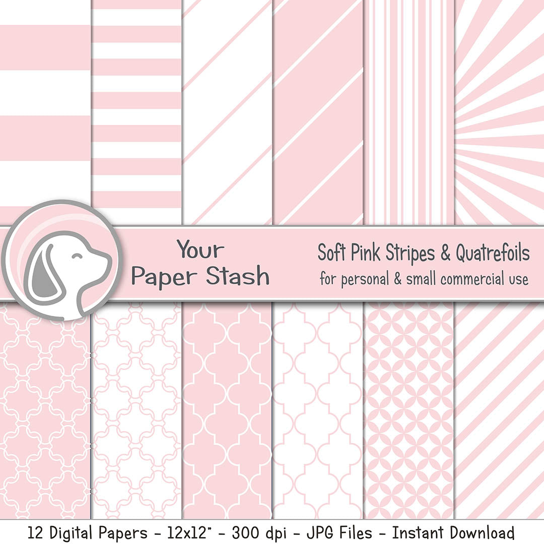 pink blush stripe quatrefoil digital papers backgrounds