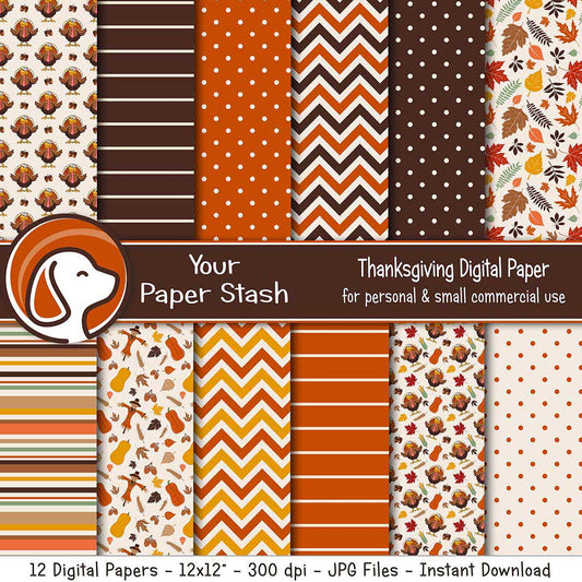 Thanksgiving Digital Scrapbook Papers w/ Turkeys & Autumn Leaves