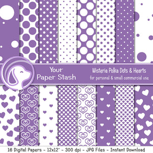 Purple Polka Dot and Heart Digital Paper for Birthday Scrapbook Pages, Purple Scrapbooking Papers Instant Download