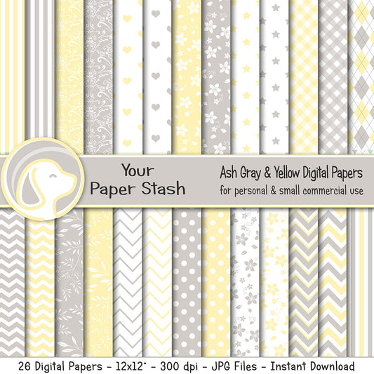Yellow and Gray Digital Paprs for Spring and Summer Scrapbook Pages, Polka Dot Chevrons and Floral Patterns for Baby Showers
