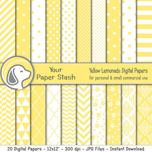 Yellow Digital Paper Pack for Summer Scrapbook Pages, Yellow Stripe Chevron Polka Dot & Star Digital Papers