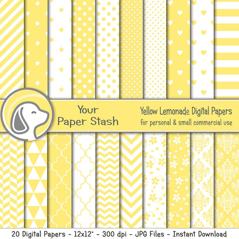 Yellow Digital Paper Pack for Summer Scrapbook Pages, Yellow Stripe Chevron Polka Dot & Star Digital Papers