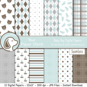 light blue baby boy digital scrapbook paper backgrounds teddy bear polka dot argyle footprint plaid sailboat star 