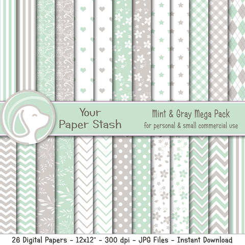 mint green and gray digital scrapbook papers, spring digital paper pack, gingham stripe polka dot heart patterns, small commercial use download