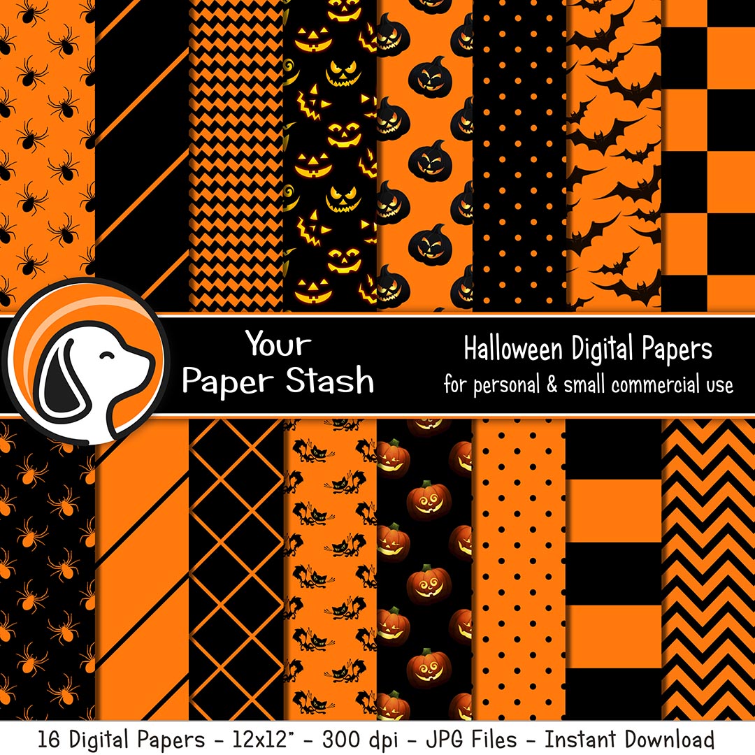 orange black digital scrapbook paper pack pumpkin scary spooky haunted house spider digital backround paper craft papers