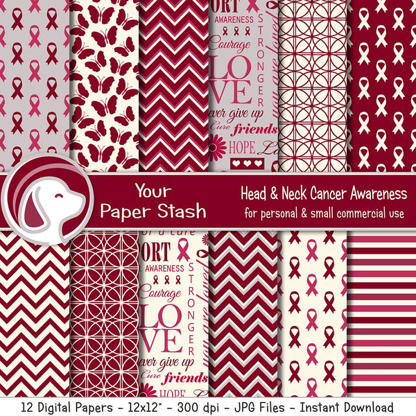 head neck cancer awareness digital paper pack burgundy ivory hope ribbon backgrounds