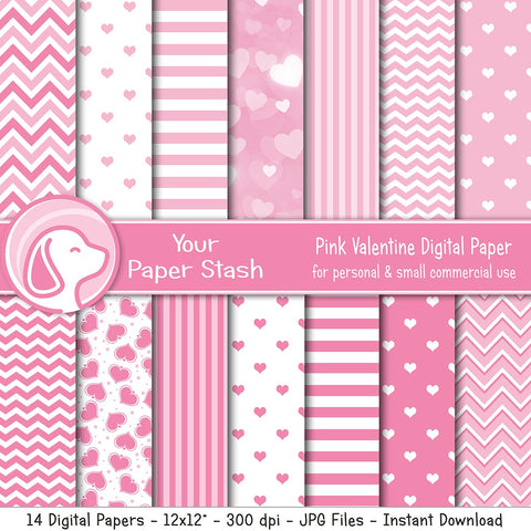 pink heart digital scrapbook paper scrapbooking backgrounds stripes chevrons bokeh floating hearts valentines day valentine baby girl shower gender reveal pages instant download commercial use