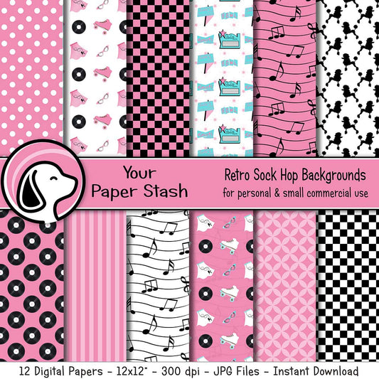 Pink 50s Retro Sock Hop Digital Scrapbook Paper Pack