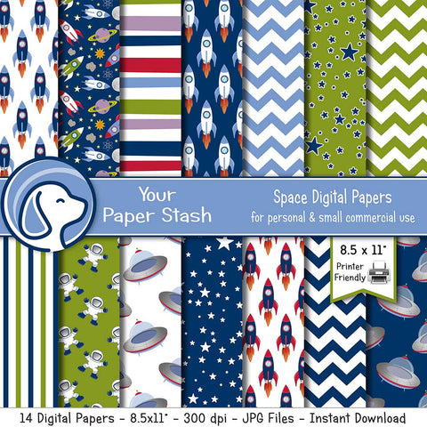space theme digital scrapbook paper backgrounds printable spaceship rocket astronaut ufo stars galaxy chevrons backgrounds