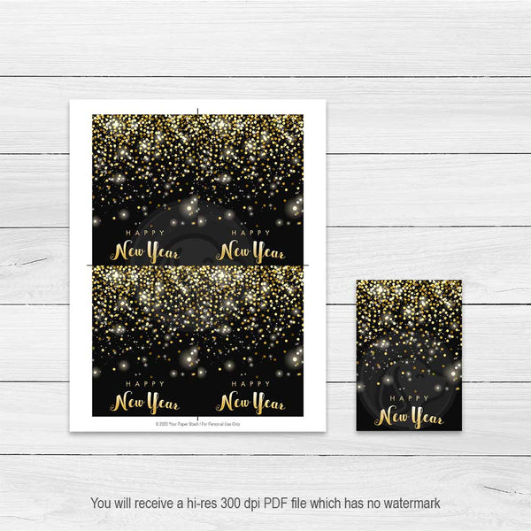 new years eve printable cookie cards note cards party favor decorations decor black gold glitter sparkle 