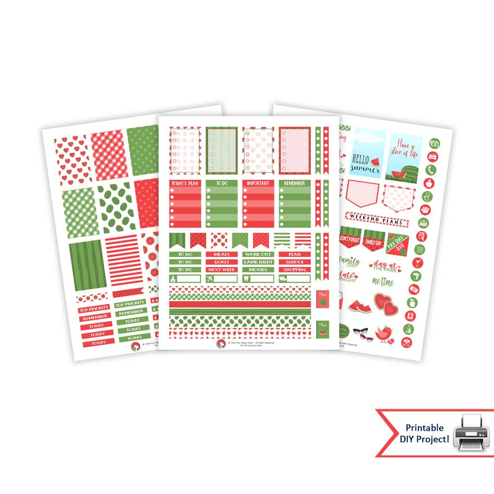 Summer Watermelon Themed Weekly Printable Planner Sticker Kit for Happy Planners and Many Other Planners