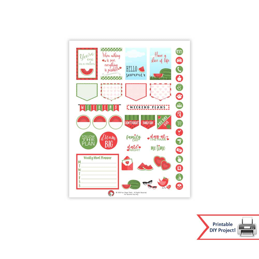 Summer Watermelon Themed Weekly Printable Planner Sticker Kit for Happy Planners and Many Other Planners