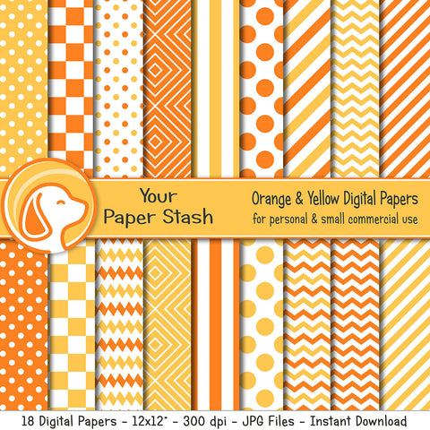 Orange and Yellow Digital Scrapbook Papers for Birthdays and Halloween With Geometric Patterns