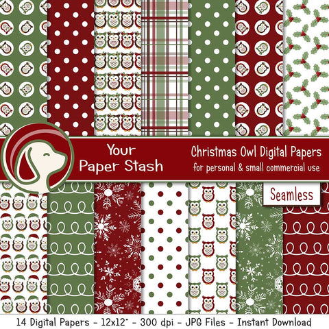 christmas owl red green digital scrapbook paper holly polka dot plaid ribbon snowflake backgrounds