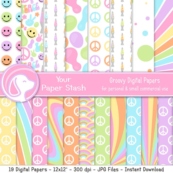 pastel digital papers, groovy 60s 70s backgrounds, rainbow flower power 