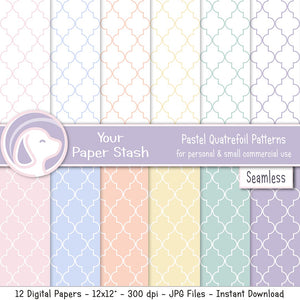 spring easter pastel digital scrapbook paper pack, pastel quatrefoil moroccan seamless digital paper patterns