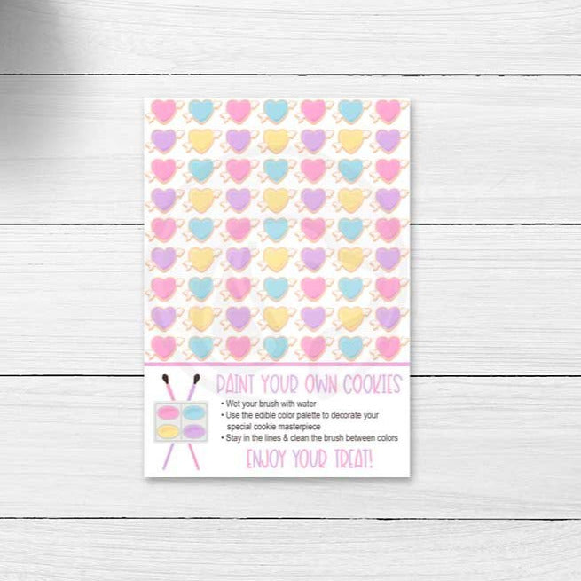pastel pink lavender yellow conversation heart paint your own cookie card tag printable baking supplies party favor teacher classroom party