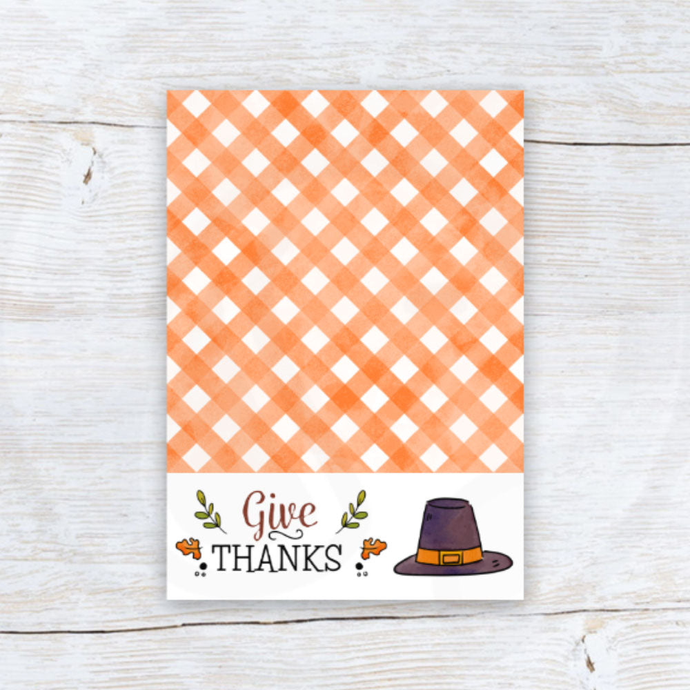 printable give thanks thanksgiving note card with gingham background and pilgrim hat accents