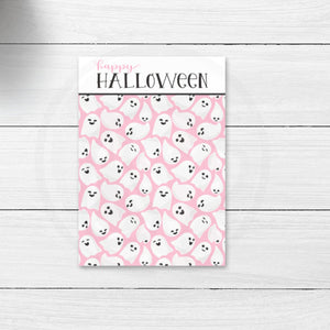 printable pink happy halloween ghost mini cookie card, halloween note card bag topper